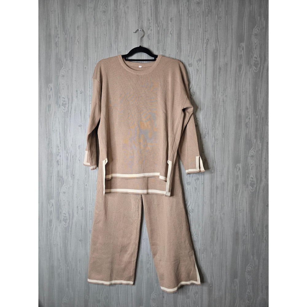 Womens M Tan Knit 2 Piece Matching Set Oversized Tunic Cropped Wide Leg Pants